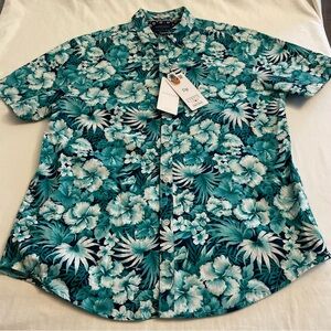 NWT Denim & Flower Button Up Shirt Teal Floral Slim Fit Hawaiian Men’s Large